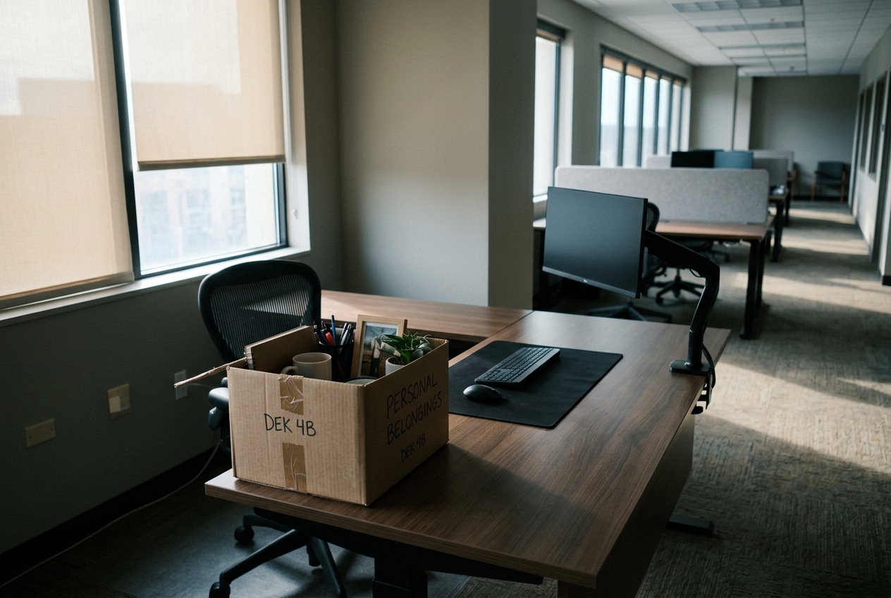 An emptied office desk with a box of belongings and the chair pushed back, for new chapter quotes