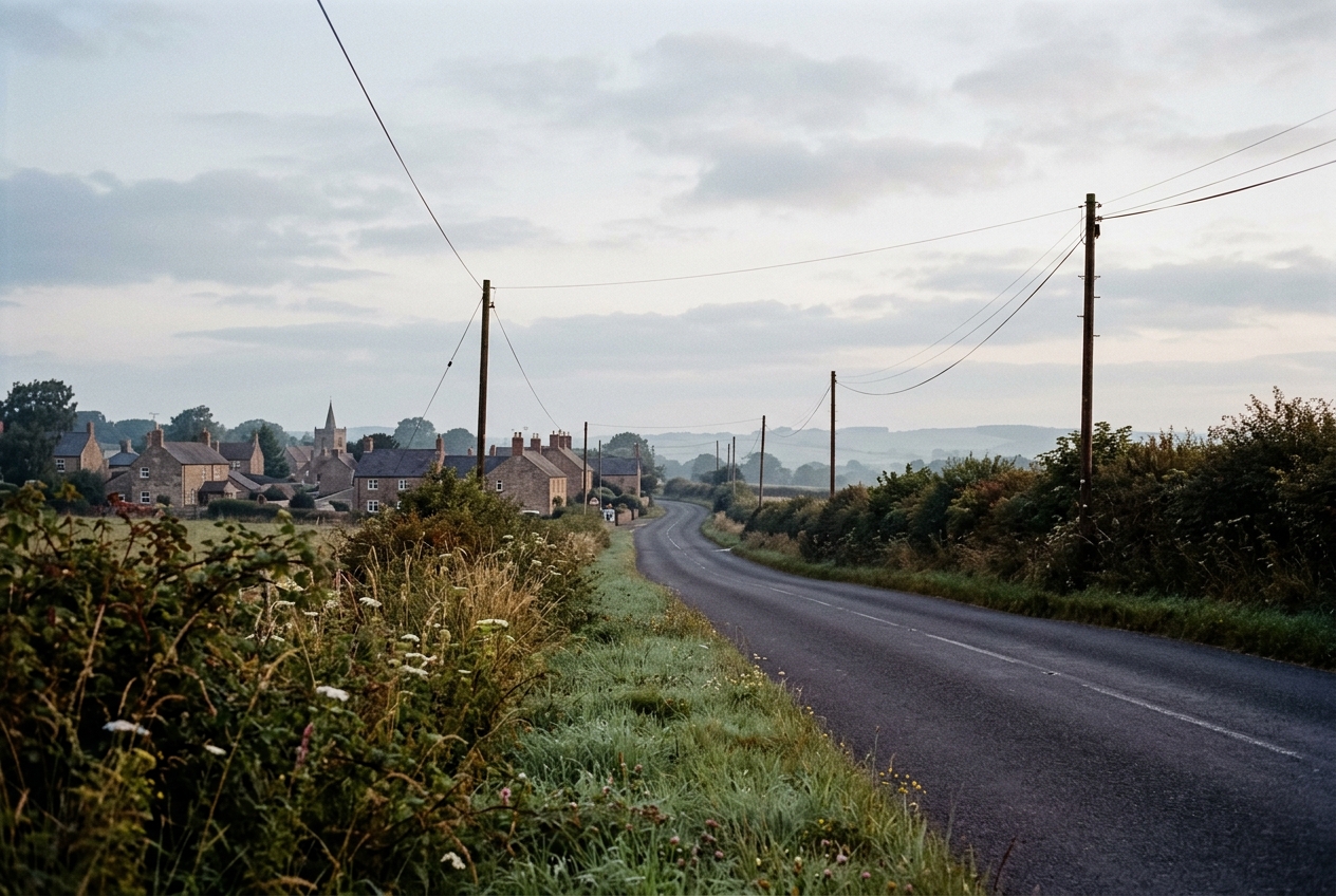 An empty two-lane road leaving a small town at dawn, an image for new chapter quotes