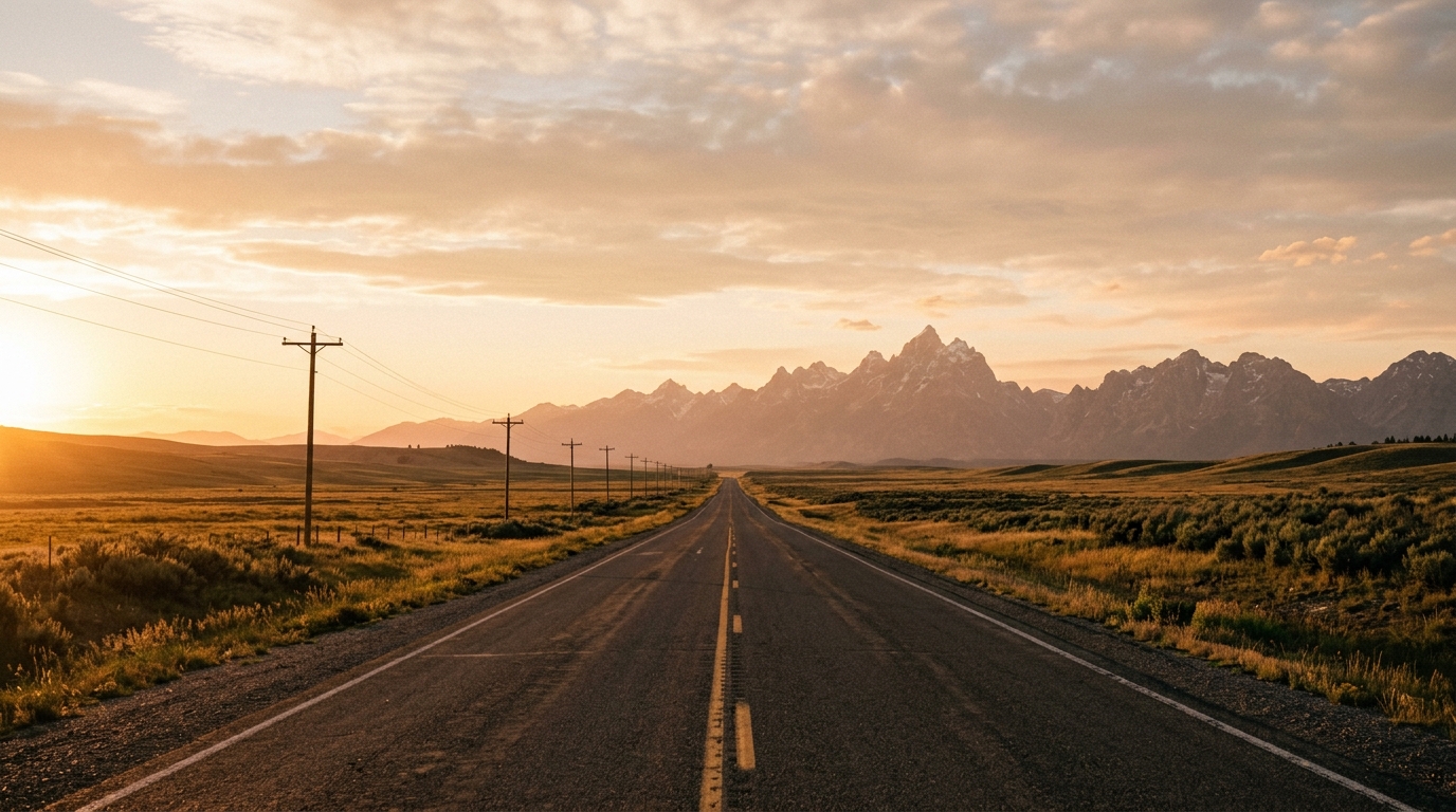 Empty highway stretching toward mountains at golden hour, evoking Aaron Lauritsen travel quotes about the open road