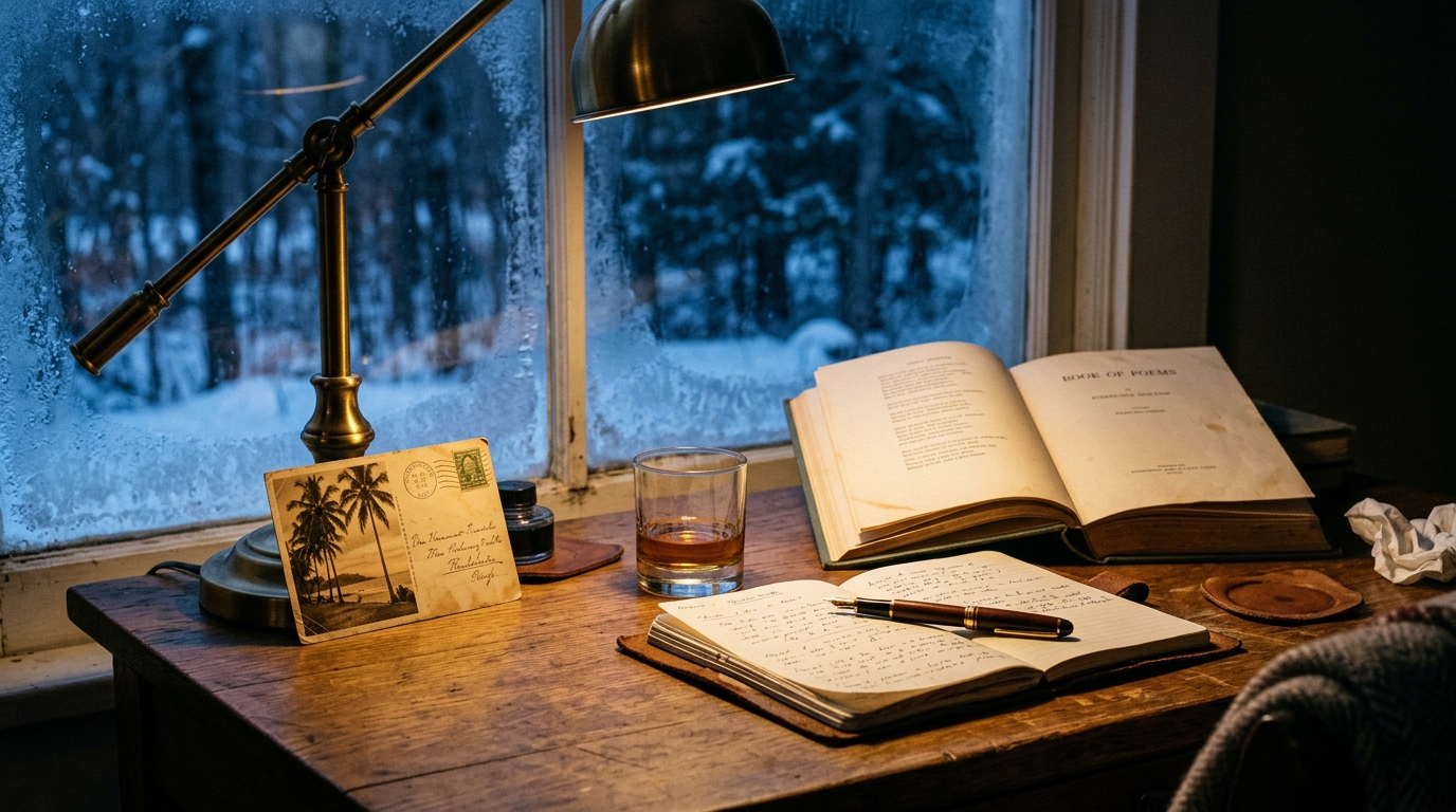 A writer's desk by a frosted window at dusk with an open book, a fountain pen, a glass of whiskey and a postcard of palm trees propped against a warm lamp