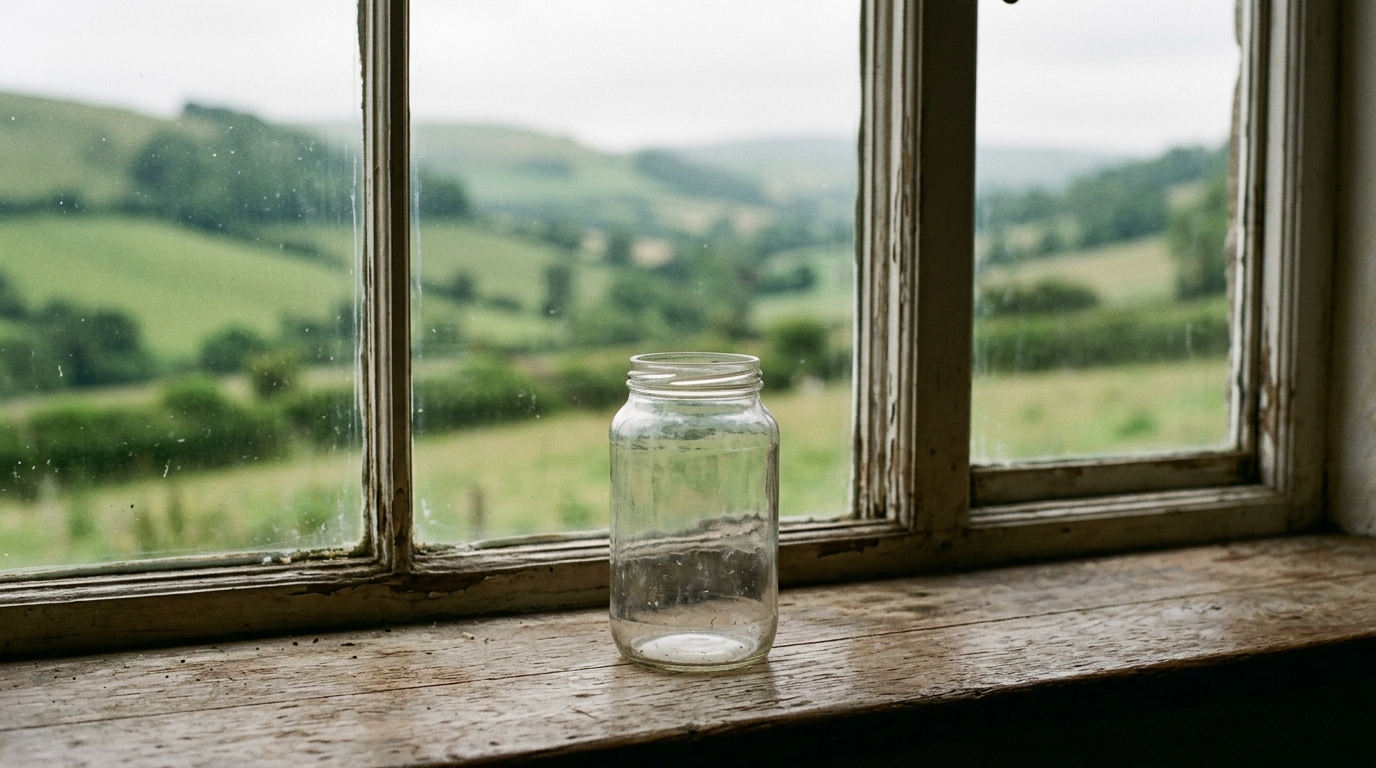 A single clear glass jar on a wooden windowsill with soft green hills blurred through the window behind it for Wallace Stevens travel quotes
