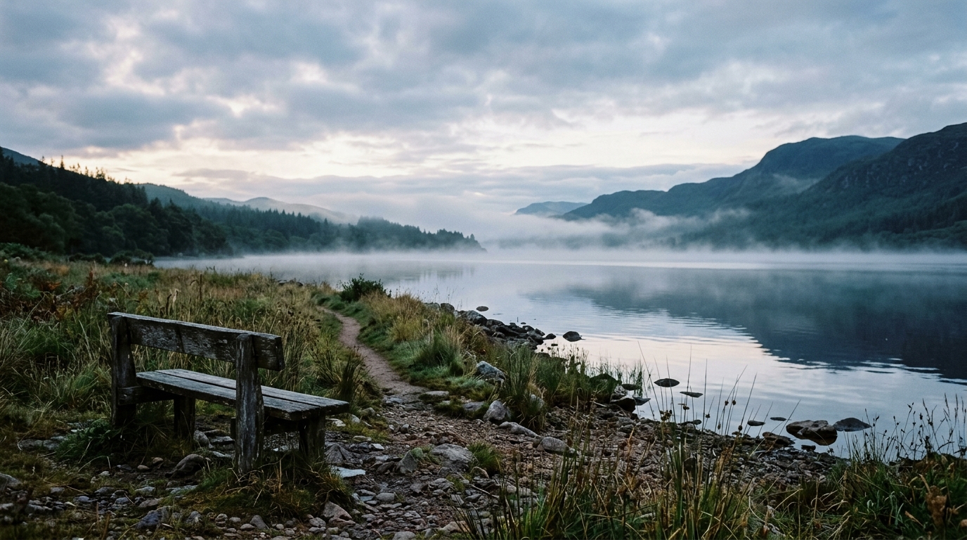 A still lake at dawn with mist on the water, a curving footpath along the shore and an empty wooden bench for Wallace Stevens travel quotes