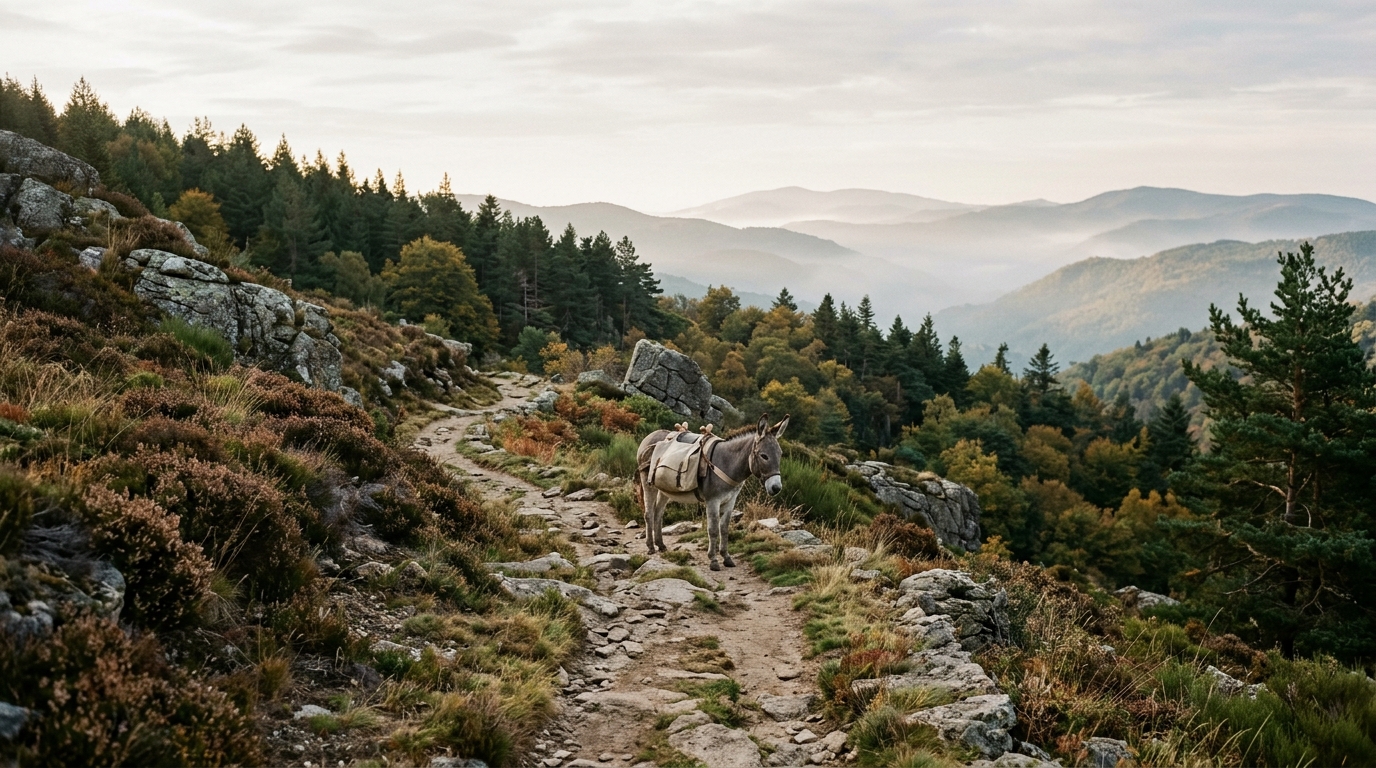 A winding trail through the Cevennes mountains of southern France with a small grey donkey, evoking Robert Louis Stevenson's Travels with a Donkey. robert louis stevenson travel quotes