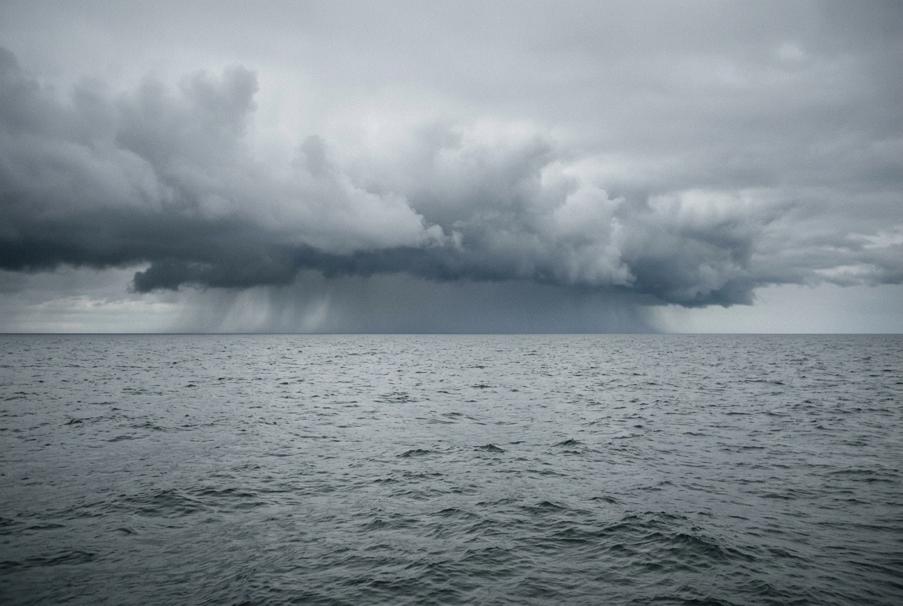 A dark squall line standing on the horizon with rain falling from it, the nearer water still calm