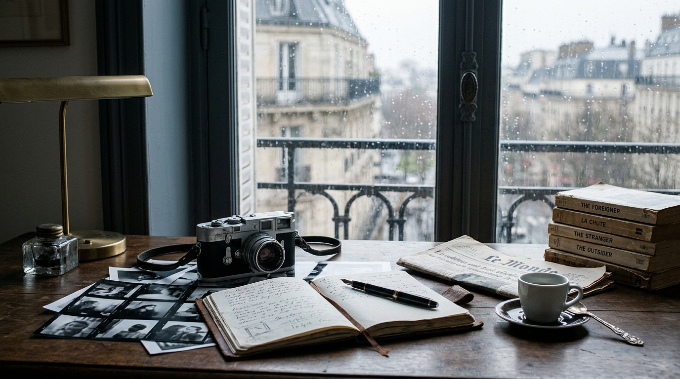 A mid-century writer's desk by a Paris window with a vintage camera resting on black-and-white contact sheets, an open notebook and an espresso cup for susan sontag travel quotes