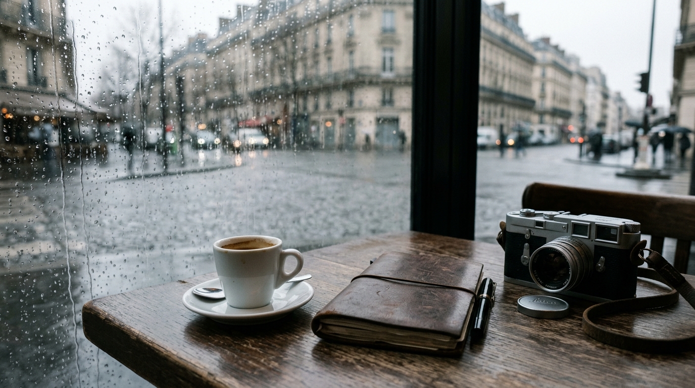 A quiet Paris cafe table with an espresso cup, a leather notebook and a vintage camera by a rain-streaked window for susan sontag travel quotes