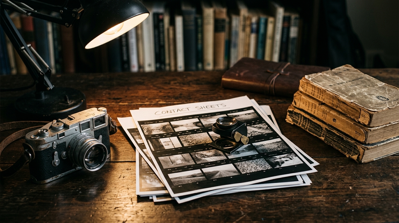 A stack of black-and-white photographic contact sheets and worn paperbacks beside a vintage camera and a loupe under a desk lamp for susan sontag travel quotes