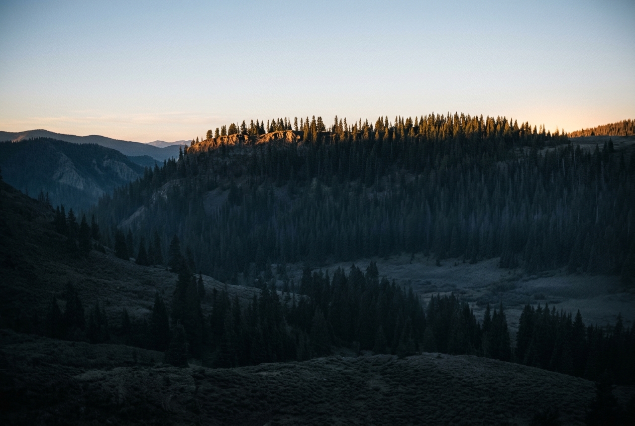 First sun catching the tops of a treeline while the ground below stays in blue shadow