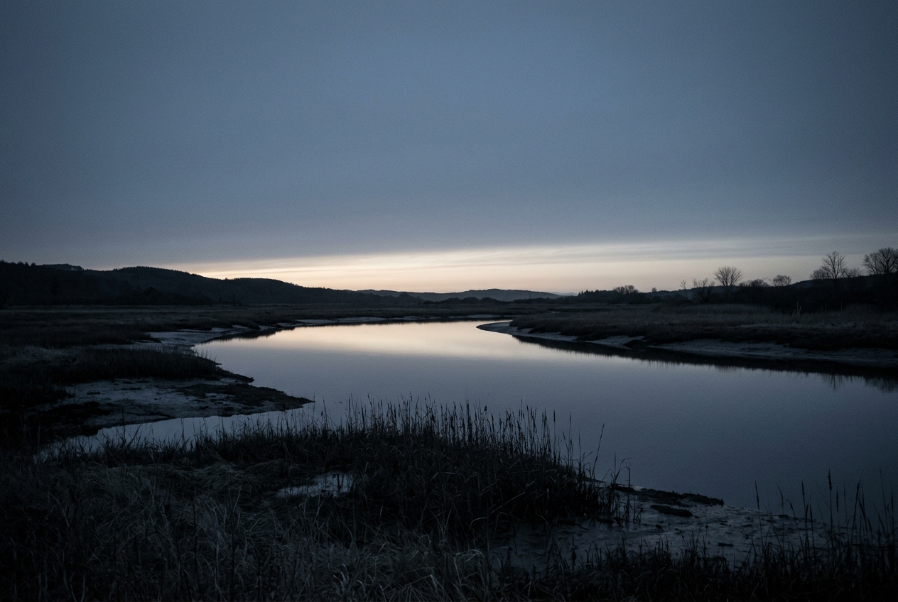 The hour before dawn, an almost colourless sky over still water with one pale band low in the east for sunrise quotes