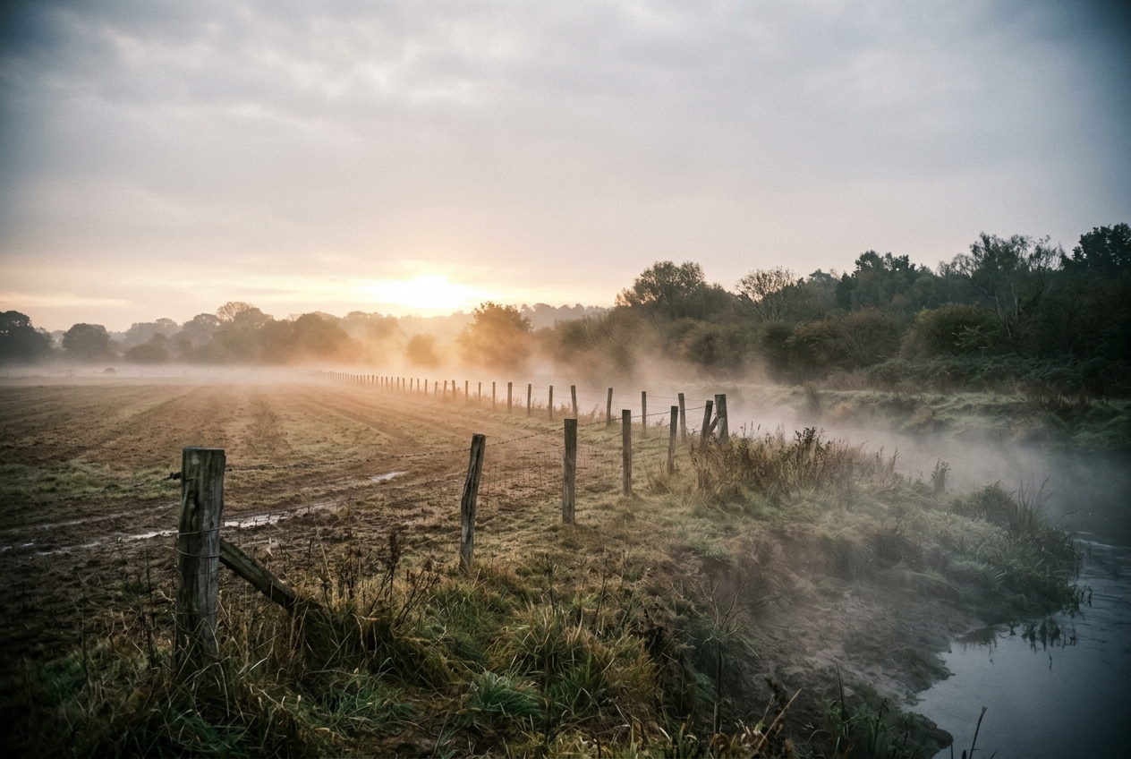 Mist lifting off a field along a fence line as low sun rakes across it for sunrise quotes