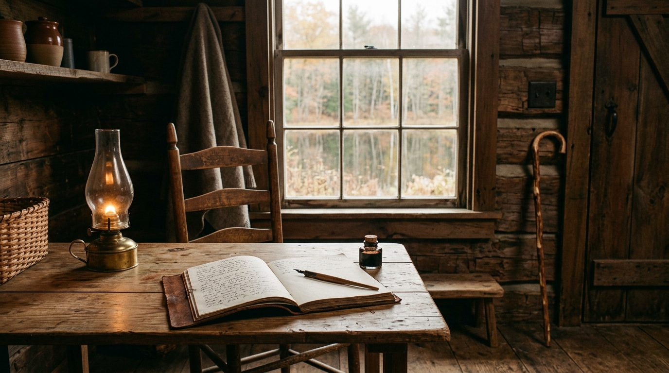 Cabin desk by a pond at dawn for Henry David Thoreau travel quotes