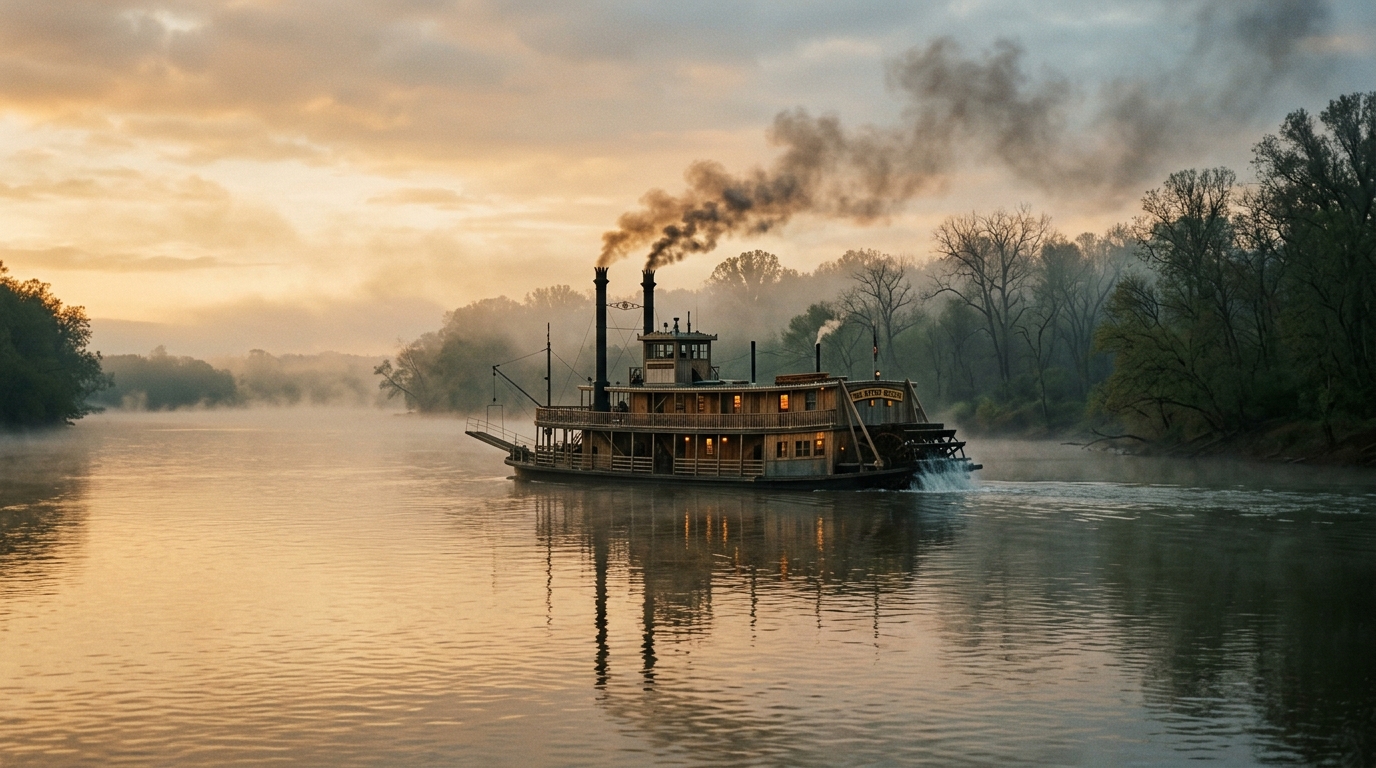 A 19th-century paddle-steamer on the Mississippi River at dawn, evoking the river world of Mark Twain's travel writing.