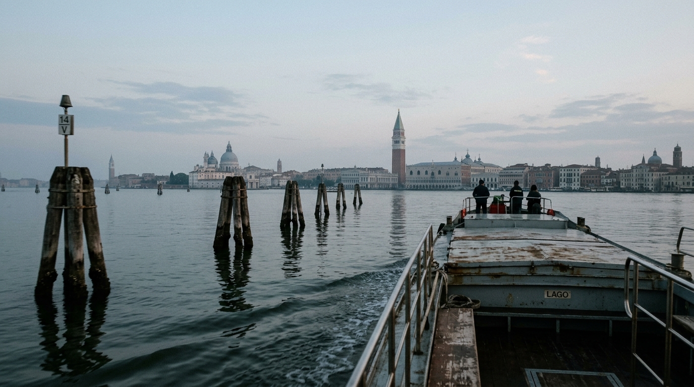Venice seen low from the water at dawn, marker piles in the foreground and the city on the horizon in grey-blue haze