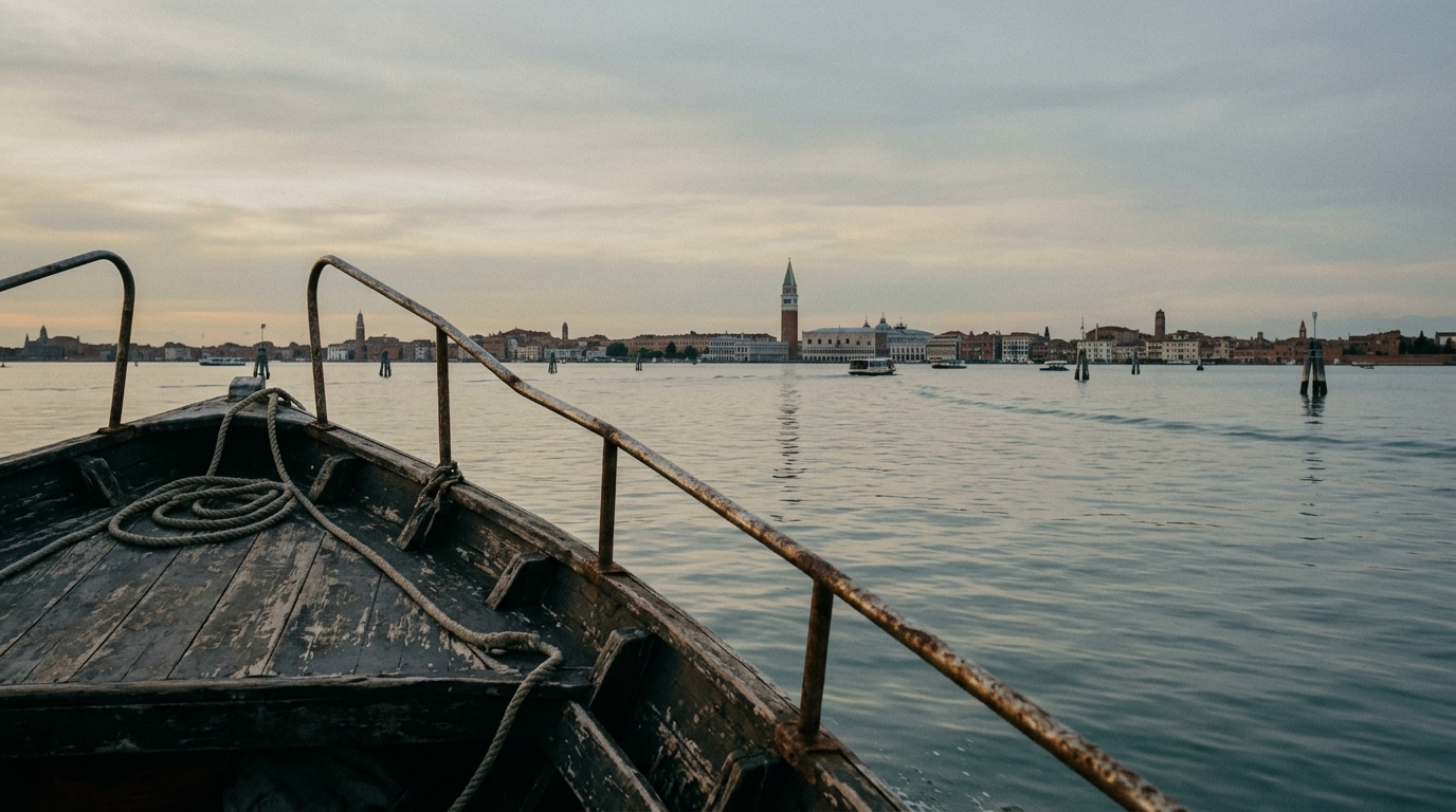 The view forward from a boat crossing the lagoon at dusk, Venice a low band of buildings on the horizon