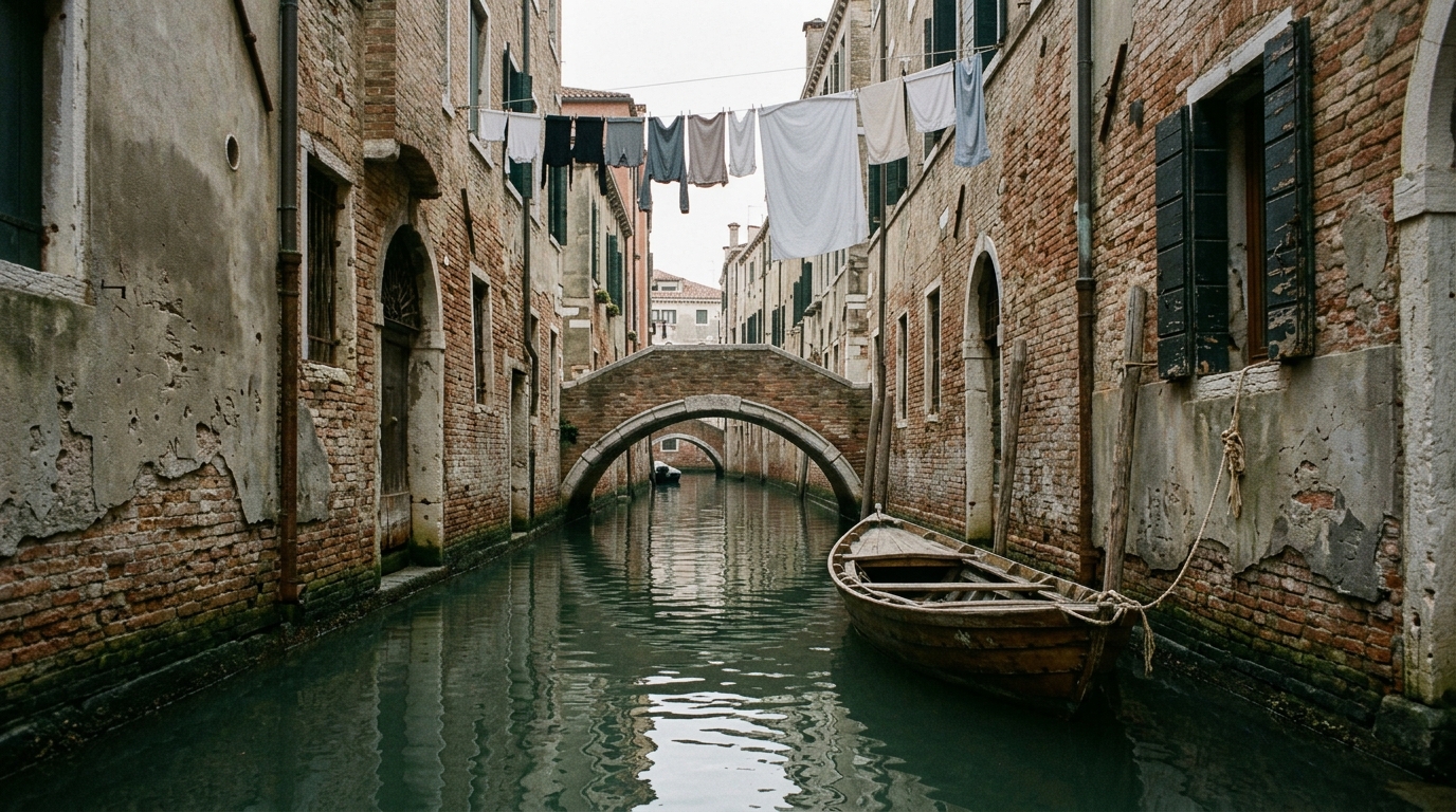 A narrow Venetian back canal at water level, worn walls, a low bridge and one moored boat, empty of people