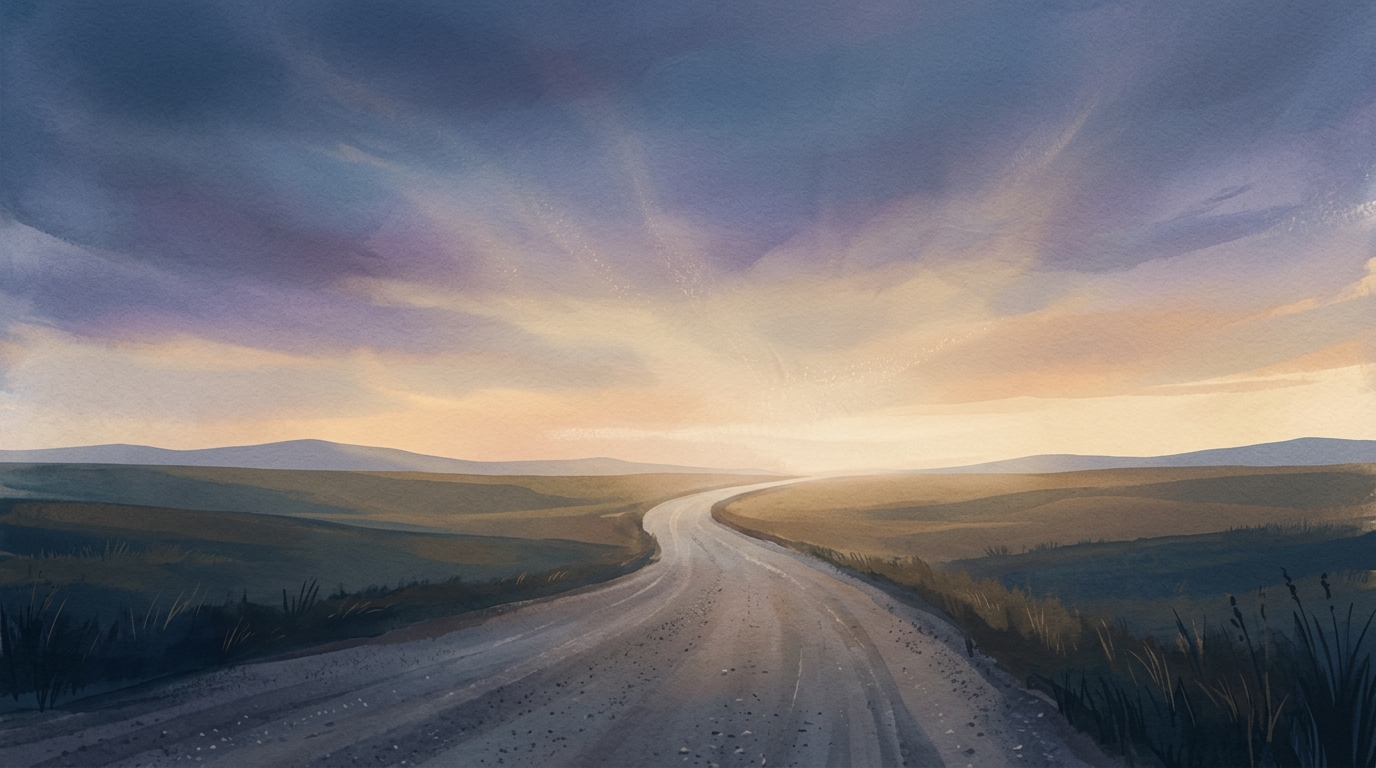 A lone open road at dawn curving toward a soft horizon, evoking the inner journey, for Neale Donald Walsch travel quotes