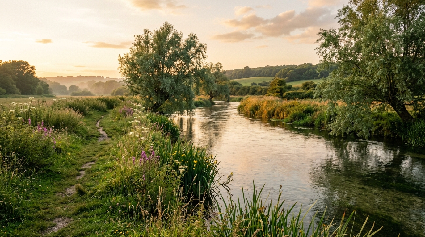 An English chalk-stream riverbank at golden evening light with reeds, a footpath and rolling countryside, evoking Izaak Walton's The Compleat Angler