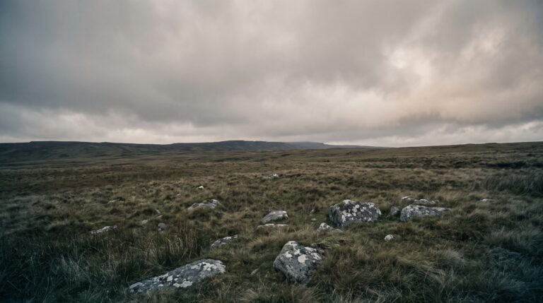 Rough open moorland running back to a low ridge under flat grey light, with no trail or building in sight, for wilderness quotes