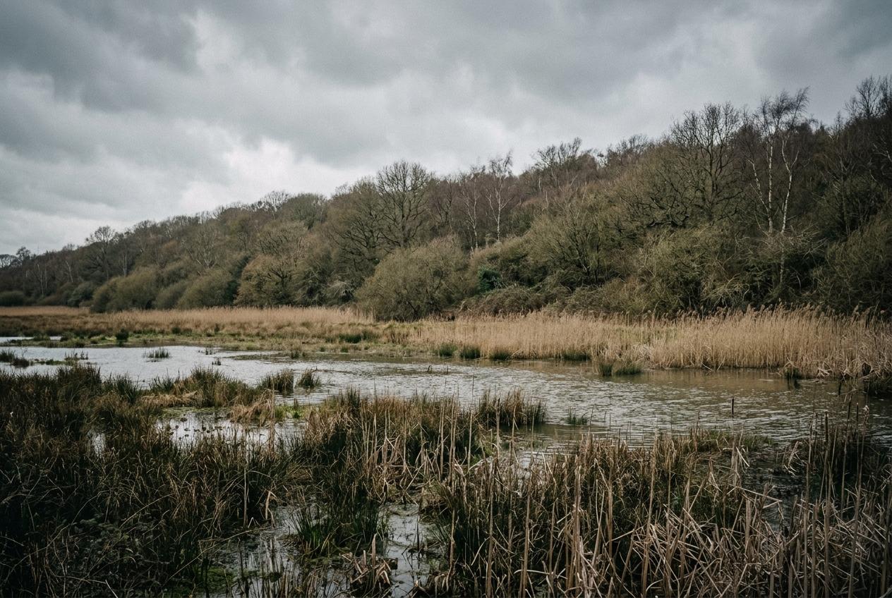 Reeds and standing water in front of a plain band of trees under flat grey daylight, for wilderness quotes