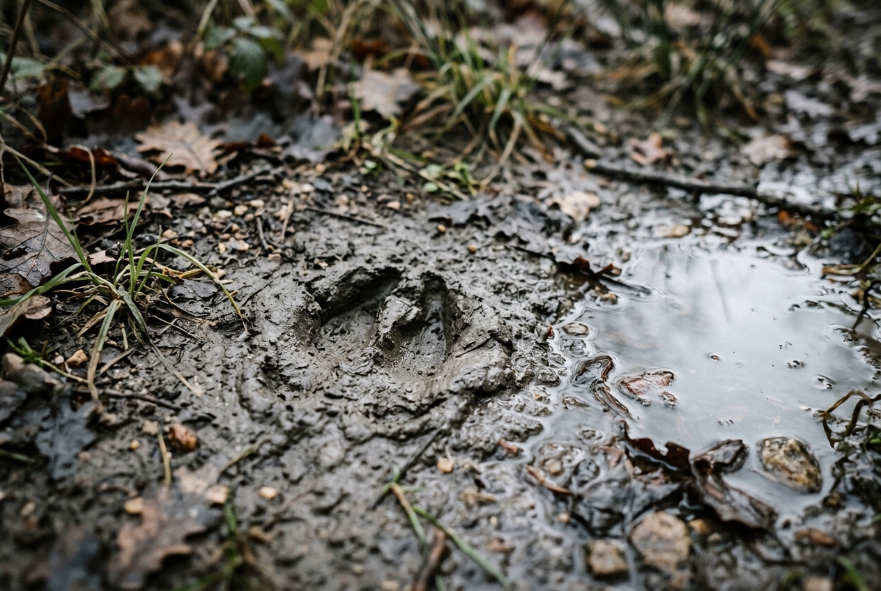 A single animal track pressed into wet grey mud beside a shallow puddle and leaf litter, for wilderness quotes
