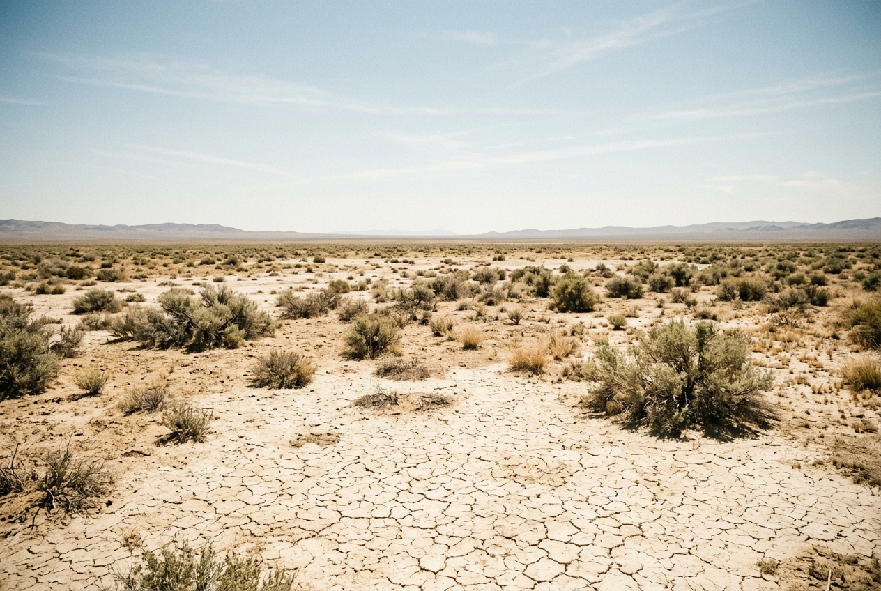 Cracked pale earth and sparse scrub running to a featureless distant range under hard midday light, for wilderness quotes